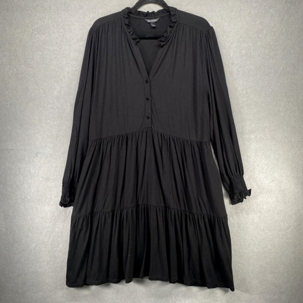 Baukjen Payton Shirt Dress 12 Black Tiered Button Front LBD Midi Comfy Pockets